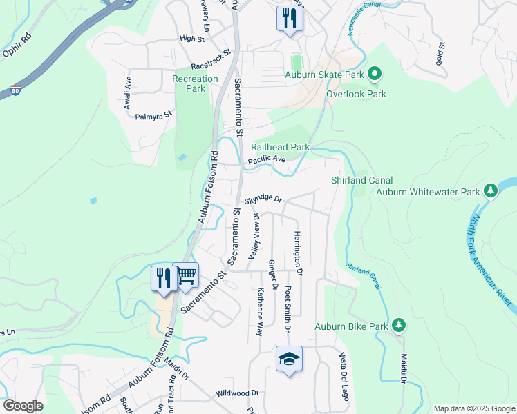 map of restaurants, bars, coffee shops, grocery stores, and more near 109 Valley View Drive in Auburn