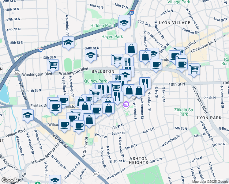 map of restaurants, bars, coffee shops, grocery stores, and more near 3601 Fairfax Drive in Arlington