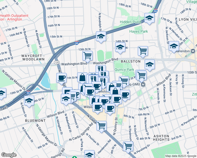 map of restaurants, bars, coffee shops, grocery stores, and more near 1027 North Stafford Street in Arlington