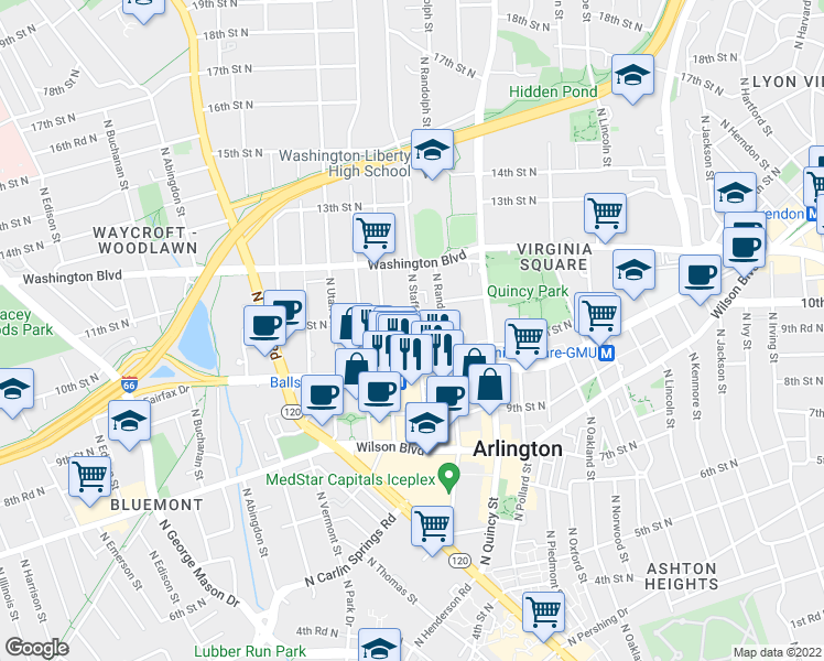 map of restaurants, bars, coffee shops, grocery stores, and more near 1036 North Stafford Street in Arlington