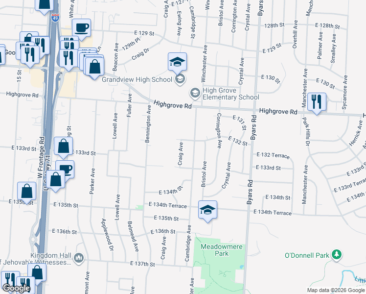 map of restaurants, bars, coffee shops, grocery stores, and more near 13211 Craig Avenue in Grandview
