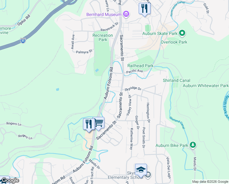 map of restaurants, bars, coffee shops, grocery stores, and more near 131 Rancho Circle in Auburn