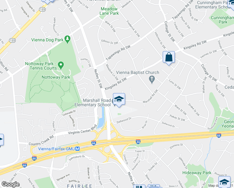 map of restaurants, bars, coffee shops, grocery stores, and more near 1002 Delilah Drive Southwest in Vienna