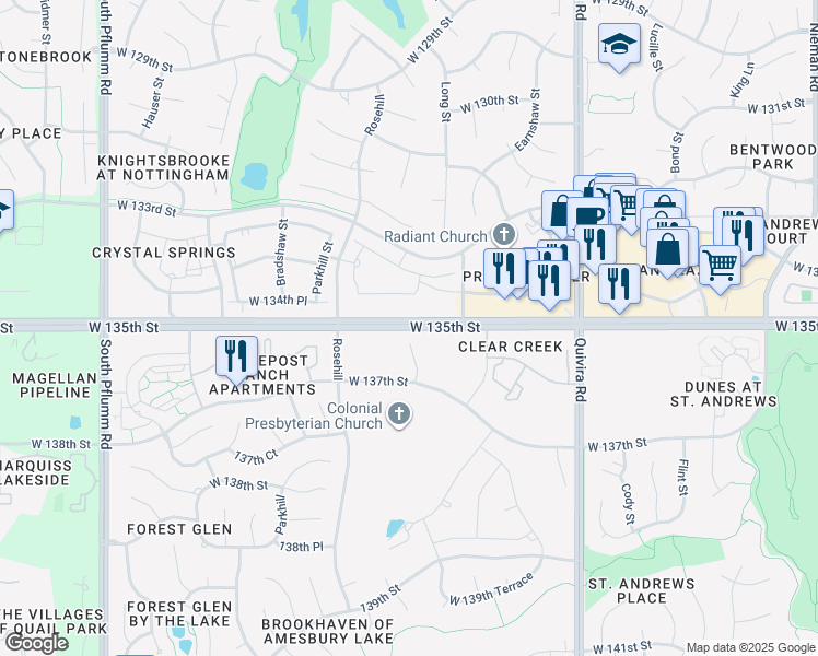 map of restaurants, bars, coffee shops, grocery stores, and more near 12443 West 135th Street in Overland Park