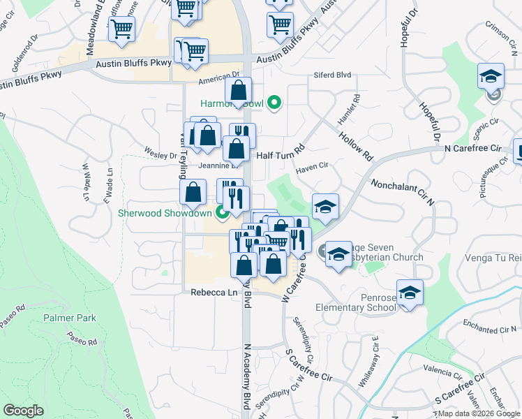 map of restaurants, bars, coffee shops, grocery stores, and more near 3578 North Carefree Circle in Colorado Springs