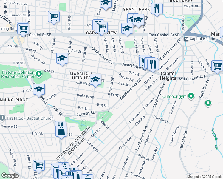 map of restaurants, bars, coffee shops, grocery stores, and more near 5409 Call Place Southeast in Washington