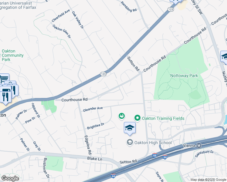 map of restaurants, bars, coffee shops, grocery stores, and more near 9881 Palace Green Way in Vienna