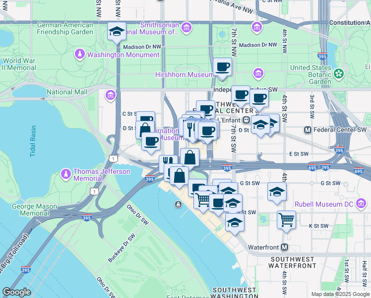 map of restaurants, bars, coffee shops, grocery stores, and more near 475 L'Enfant Plaza in Washington