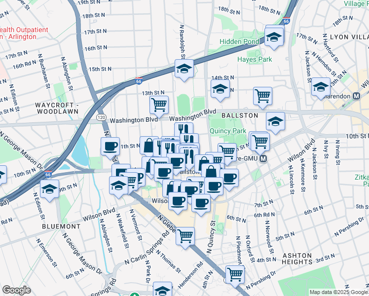 map of restaurants, bars, coffee shops, grocery stores, and more near 1055 North Stafford Street in Arlington