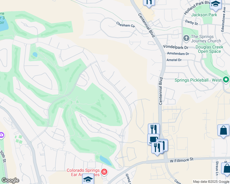 map of restaurants, bars, coffee shops, grocery stores, and more near 3450 Camels Ridge Lane in Colorado Springs
