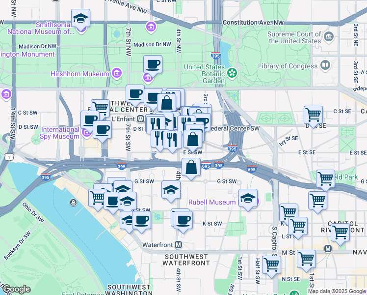 map of restaurants, bars, coffee shops, grocery stores, and more near 101 Independence Avenue Southeast in Washington