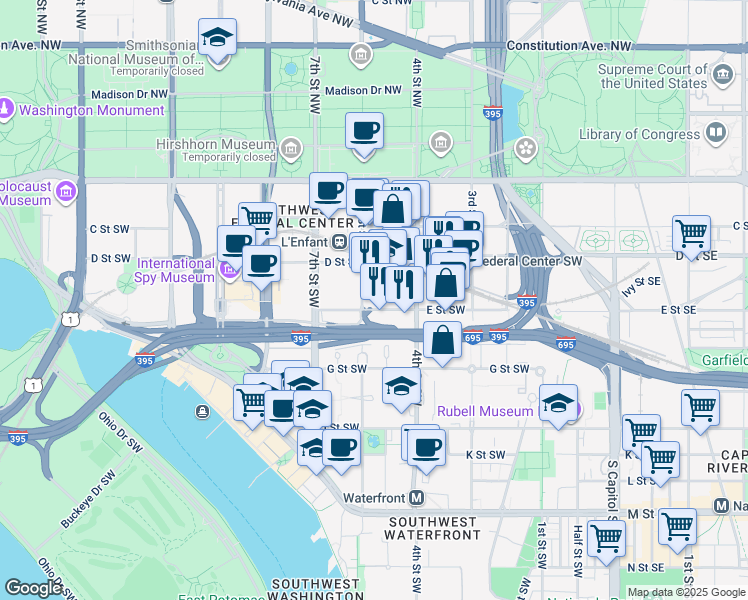 map of restaurants, bars, coffee shops, grocery stores, and more near 101 Independence Avenue Southeast in Washington