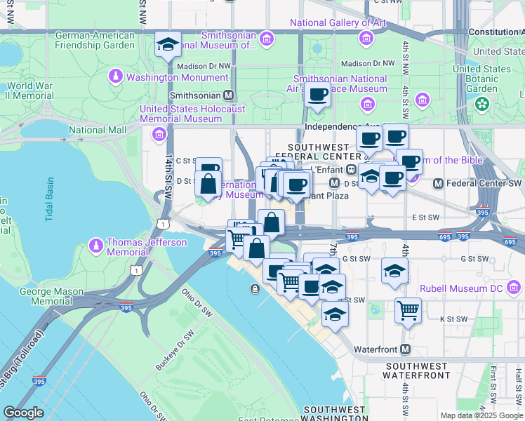 map of restaurants, bars, coffee shops, grocery stores, and more near 101 Independence Avenue Southeast in Washington
