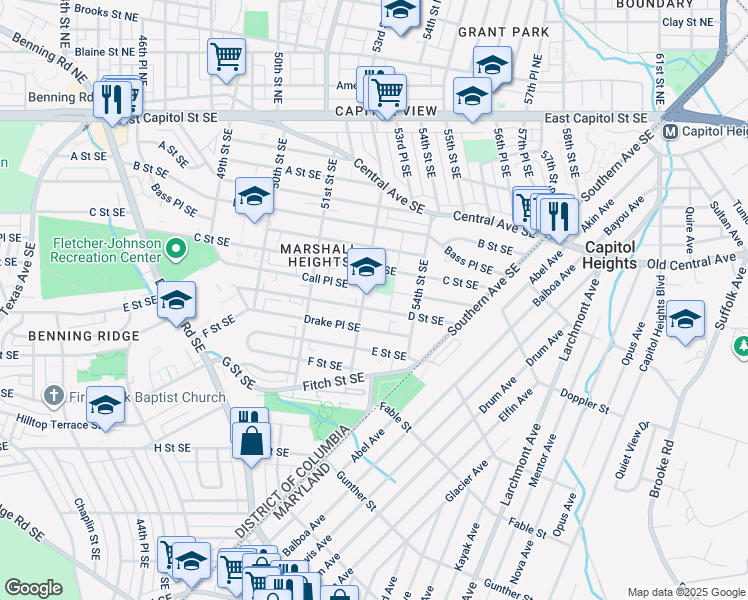 map of restaurants, bars, coffee shops, grocery stores, and more near 301 53rd Street Southeast in Washington
