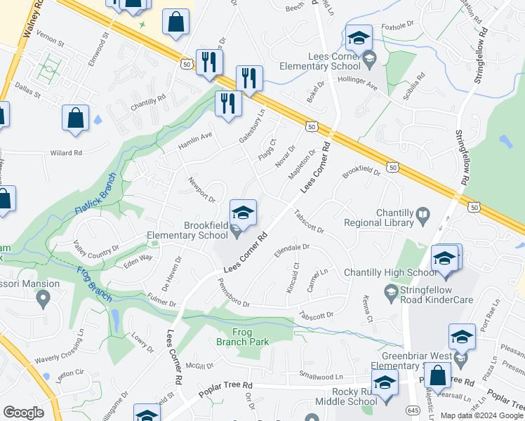 map of restaurants, bars, coffee shops, grocery stores, and more near 13625 Stepney Lane in Chantilly
