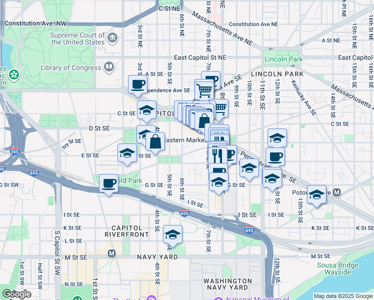 map of restaurants, bars, coffee shops, grocery stores, and more near 624 South Carolina Avenue Southeast in Washington