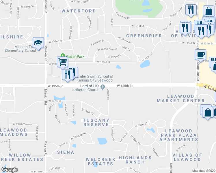 map of restaurants, bars, coffee shops, grocery stores, and more near 3105 W 135th St in Leawood