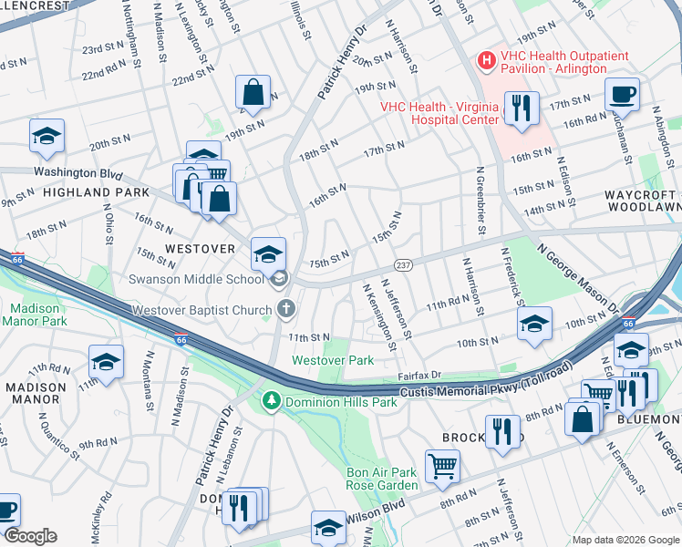 map of restaurants, bars, coffee shops, grocery stores, and more near 5705 Washington Boulevard in Arlington