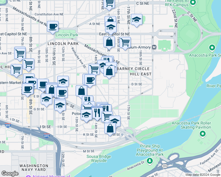 map of restaurants, bars, coffee shops, grocery stores, and more near 418 15th Street Southeast in Washington