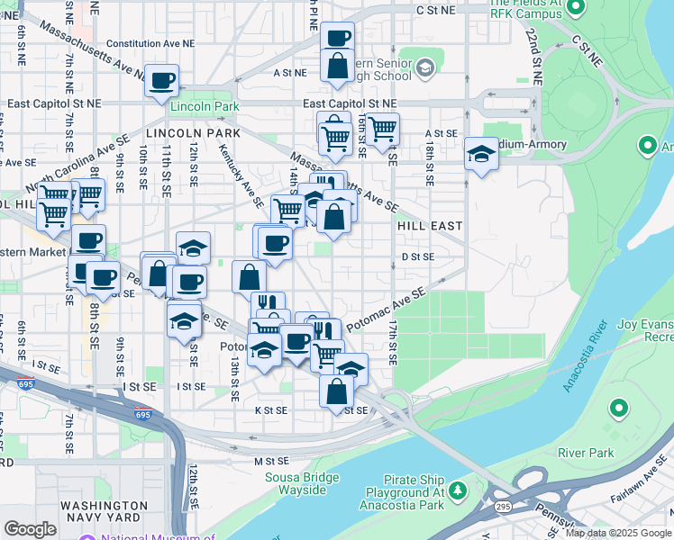 map of restaurants, bars, coffee shops, grocery stores, and more near 418 15th Street Southeast in Washington