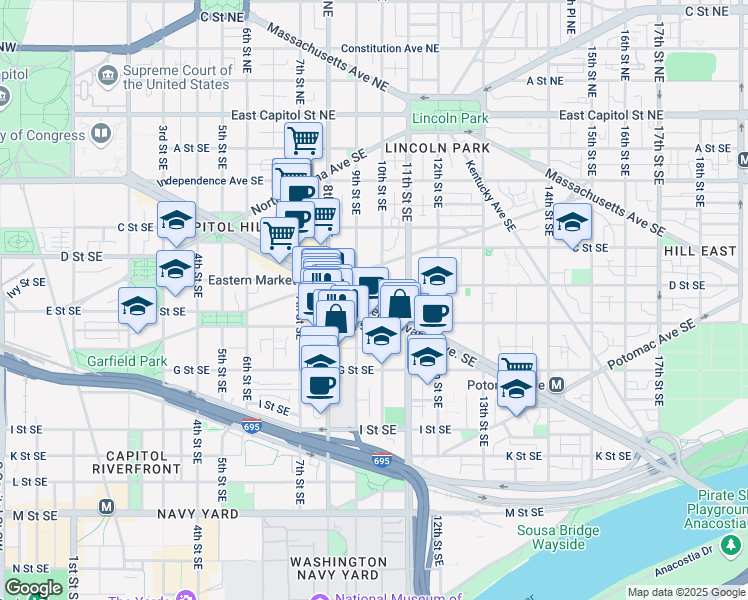 map of restaurants, bars, coffee shops, grocery stores, and more near 101 Independence Avenue Southeast in Washington