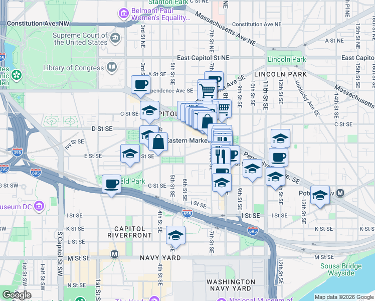 map of restaurants, bars, coffee shops, grocery stores, and more near 101 Independence Avenue Southeast in Washington