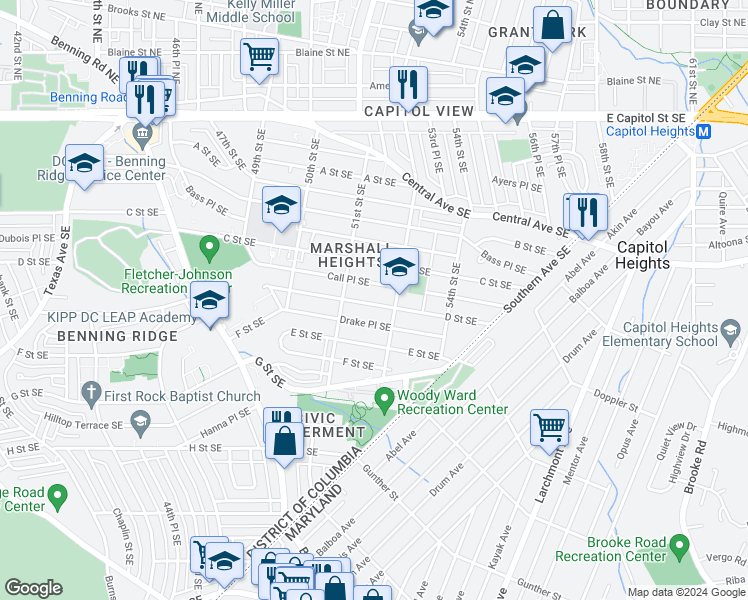 map of restaurants, bars, coffee shops, grocery stores, and more near 5208 D Street Southeast in Washington
