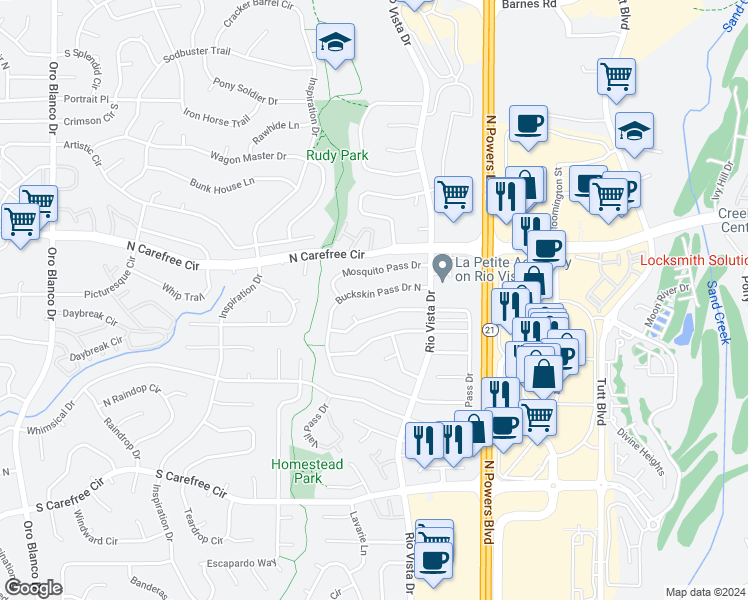 map of restaurants, bars, coffee shops, grocery stores, and more near 5529 Buckskin Pass Drive North in Colorado Springs