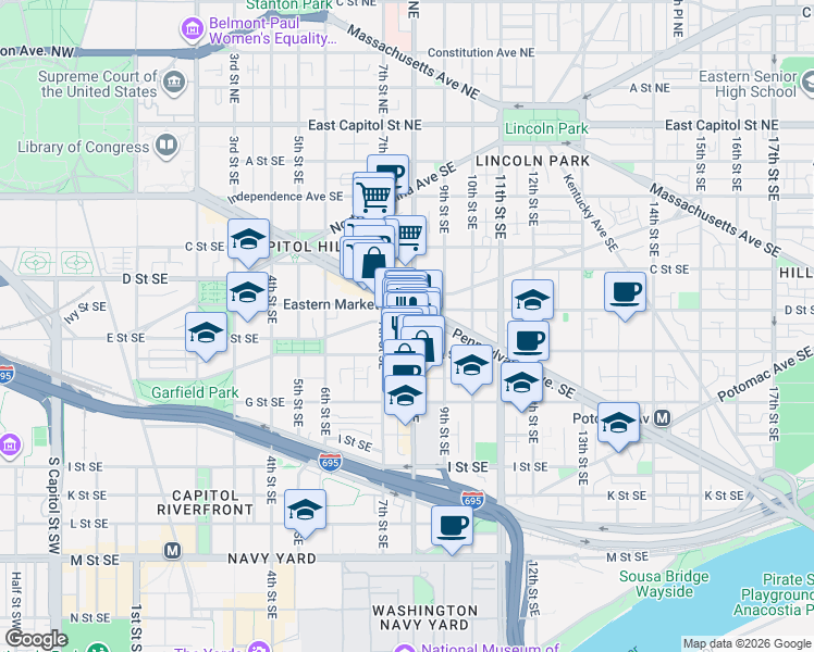 map of restaurants, bars, coffee shops, grocery stores, and more near 721 D Street Southeast in Washington