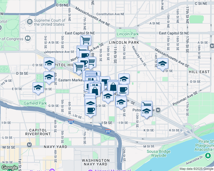 map of restaurants, bars, coffee shops, grocery stores, and more near 101 Independence Avenue Southeast in Washington