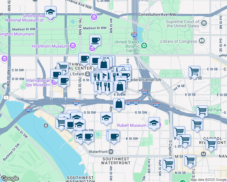 map of restaurants, bars, coffee shops, grocery stores, and more near 395 E Street Southwest in Washington