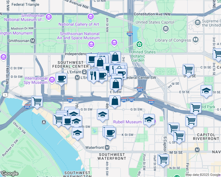 map of restaurants, bars, coffee shops, grocery stores, and more near 395 E Street Southwest in Washington