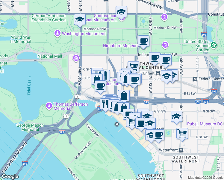 map of restaurants, bars, coffee shops, grocery stores, and more near 500 12th Street Southwest in Washington