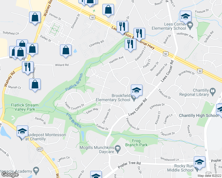 map of restaurants, bars, coffee shops, grocery stores, and more near 13676 Country Crossing Court in Chantilly