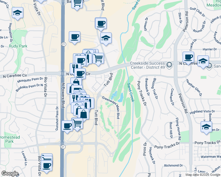 map of restaurants, bars, coffee shops, grocery stores, and more near 3663 Golf Course View in Colorado Springs