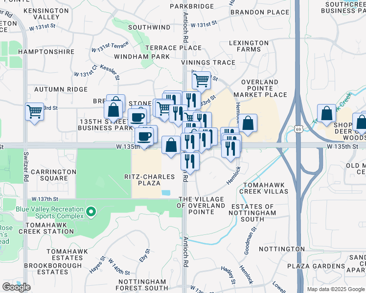 map of restaurants, bars, coffee shops, grocery stores, and more near 8701 West 135th Street in Overland Park