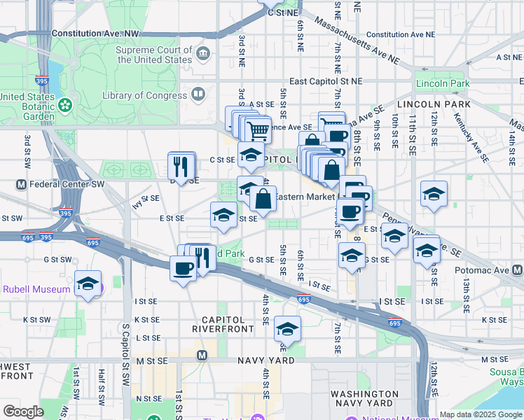 map of restaurants, bars, coffee shops, grocery stores, and more near 417 4th Street Southeast in Washington
