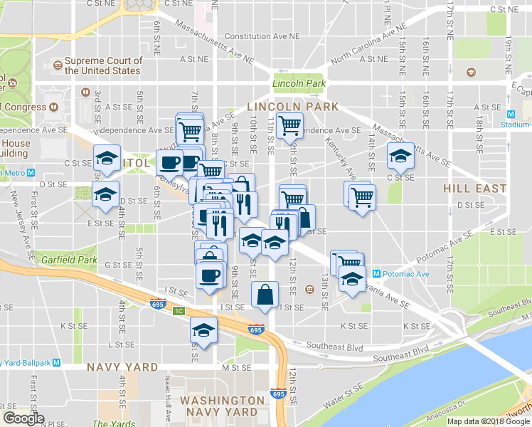 map of restaurants, bars, coffee shops, grocery stores, and more near 411 11th Street Southeast in Washington