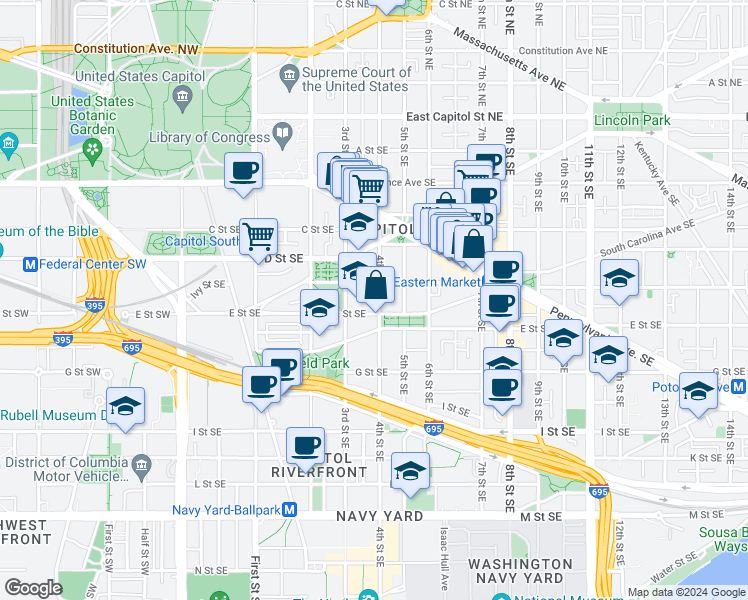 map of restaurants, bars, coffee shops, grocery stores, and more near 417 4th Street Southeast in Washington