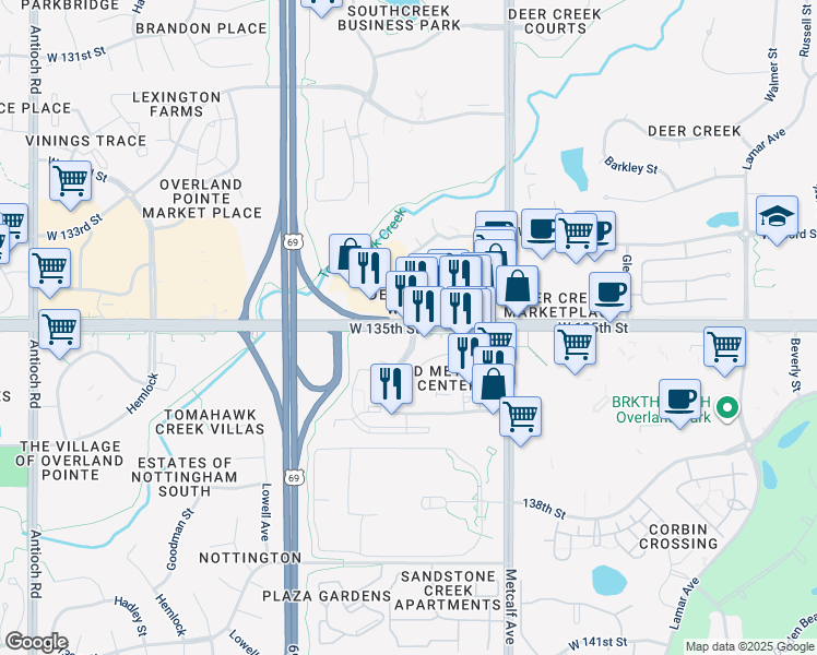 map of restaurants, bars, coffee shops, grocery stores, and more near 7501 West 135th Street in Overland Park