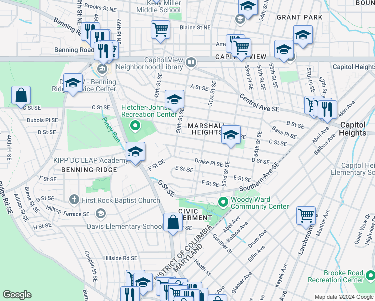 map of restaurants, bars, coffee shops, grocery stores, and more near 5009 D Street Southeast in Washington