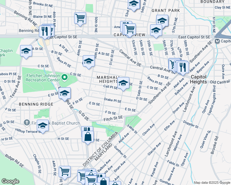 map of restaurants, bars, coffee shops, grocery stores, and more near 5208 D Street Southeast in Washington