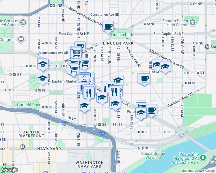 map of restaurants, bars, coffee shops, grocery stores, and more near 411 11th Street Southeast in Washington