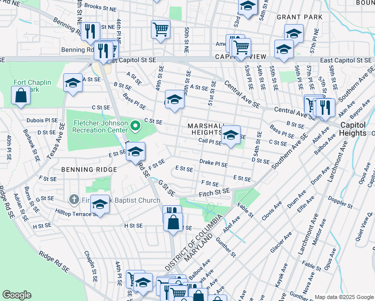 map of restaurants, bars, coffee shops, grocery stores, and more near 5009 D Street Southeast in Washington