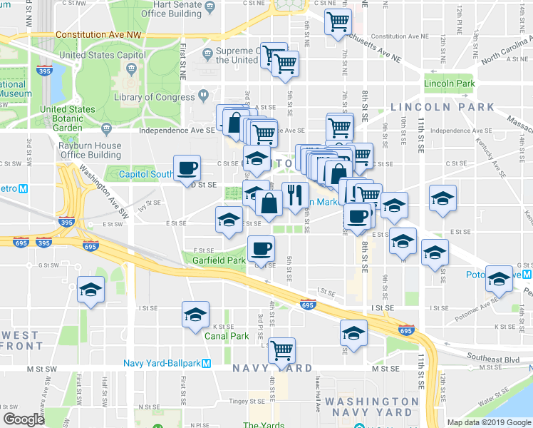 map of restaurants, bars, coffee shops, grocery stores, and more near 101 Independence Avenue Southeast in Washington