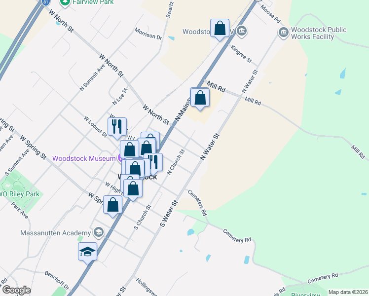 map of restaurants, bars, coffee shops, grocery stores, and more near 216 East Foundry Street in Woodstock