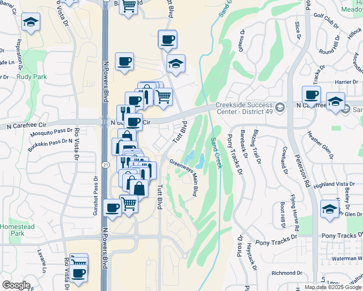 map of restaurants, bars, coffee shops, grocery stores, and more near 3673 Golf Course View in Colorado Springs
