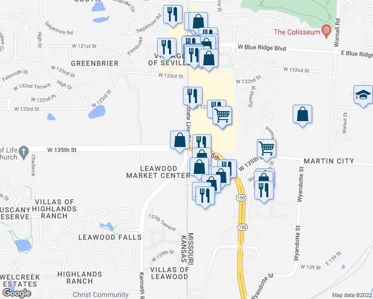 map of restaurants, bars, coffee shops, grocery stores, and more near W 135th St & State Line Rd in Leawood