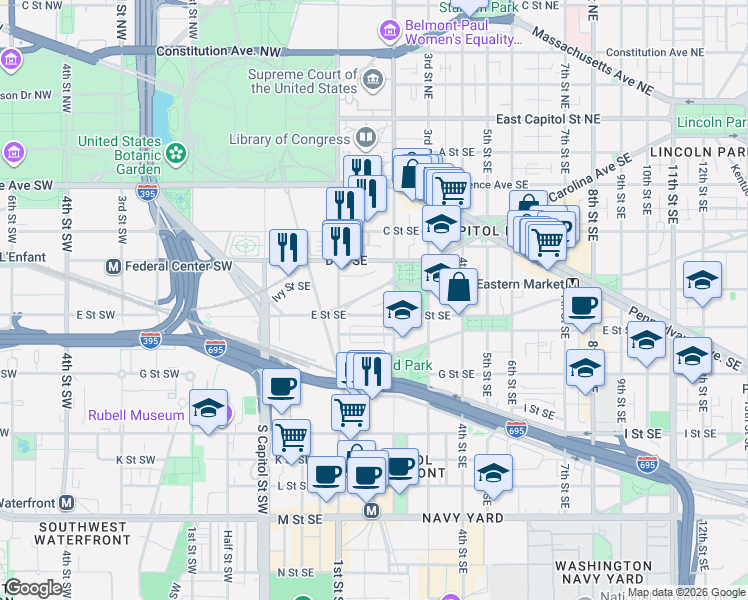 map of restaurants, bars, coffee shops, grocery stores, and more near 101 Independence Avenue Southeast in Washington