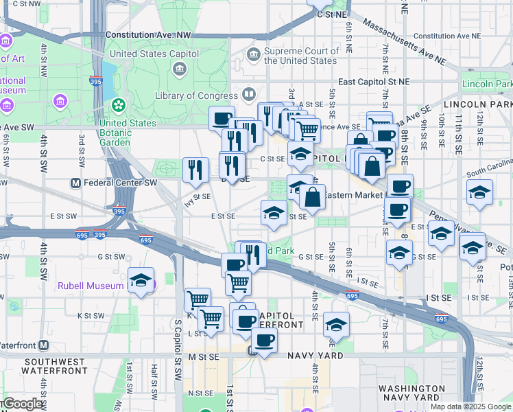 map of restaurants, bars, coffee shops, grocery stores, and more near 135 North Carolina Avenue Southeast in Washington